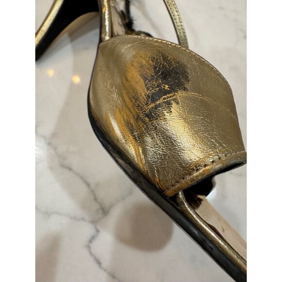 VINTAGE BALLY GOLD FOIL ANKLE WRAP HEELS SZ 6.5 ENGLAND - Picture 4 of 7